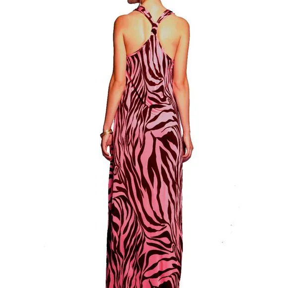 Flora Kung NWT $540 Silk Jersey Pink Brown Boho Maxi Halter Dress 8 - Picture 2 of 4
